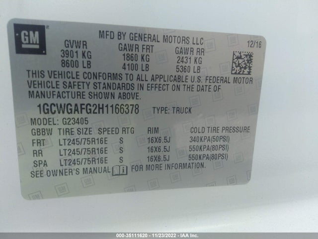 2017 Chevrolet Express, VIN: 1GCWGAFG2H1166378
