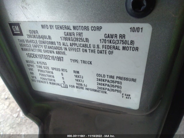 2002 CHEVROLET SILVERADO 1500 LT VIN: 1GCEK19T02Z161997