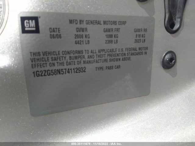 2007 PONTIAC G6 G6 VIN: 1G2ZG58N574112932