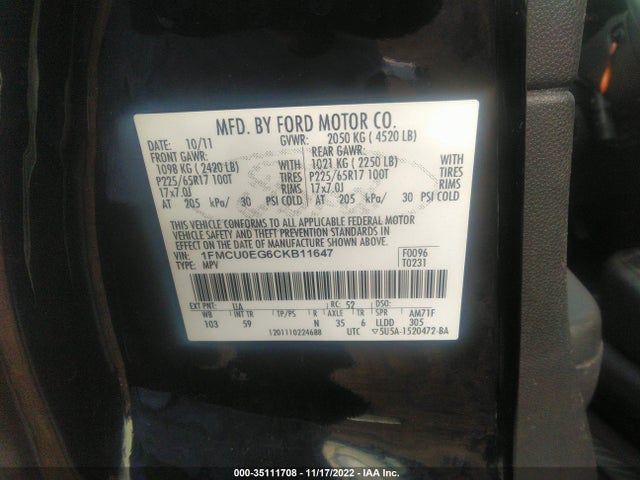 2012 FORD ESCAPE LIMITED VIN: 1FMCU0EG6CKB11647