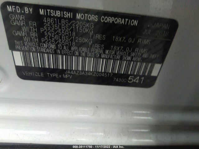 Mitsubishi Outlander 2019 JA4AZ3A34KZ004517 Image 9