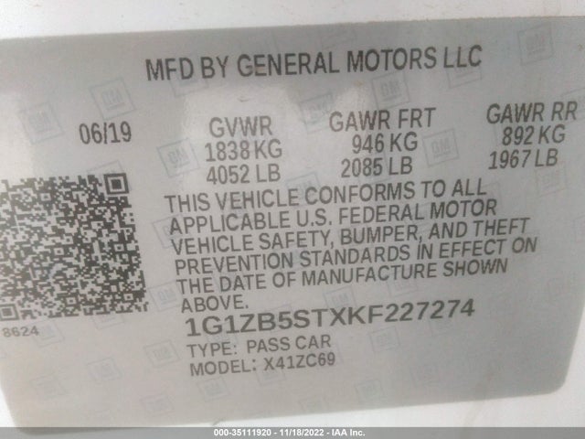 35111920 :رقم المزاد ، 1G1ZB5STXKF227274 vin ، 2019 Chevrolet Malibu Ls مزاد بيع