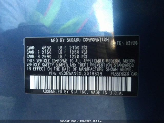 2020 Subaru Legacy, VIN: 4S3BWAN6XL3019829