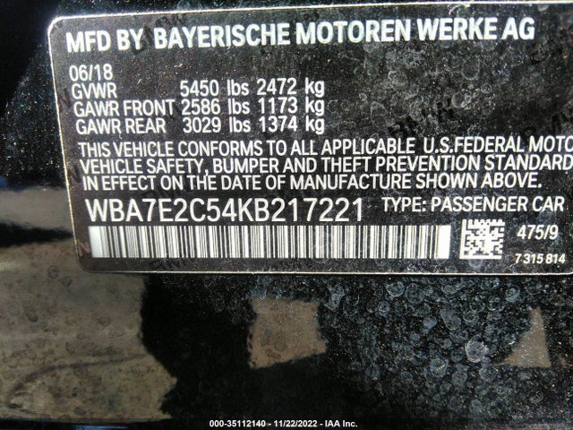 2019 BMW 7 Series, VIN: WBA7E2C54KB217221
