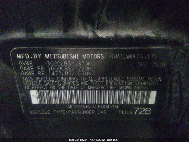 2020 MITSUBISHI MIRAGE LE/GT VIN: ML32A5HJ3LH004794