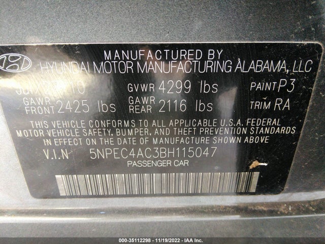 2011 HYUNDAI SONATA LTD VIN: 5NPEC4AC3BH115047