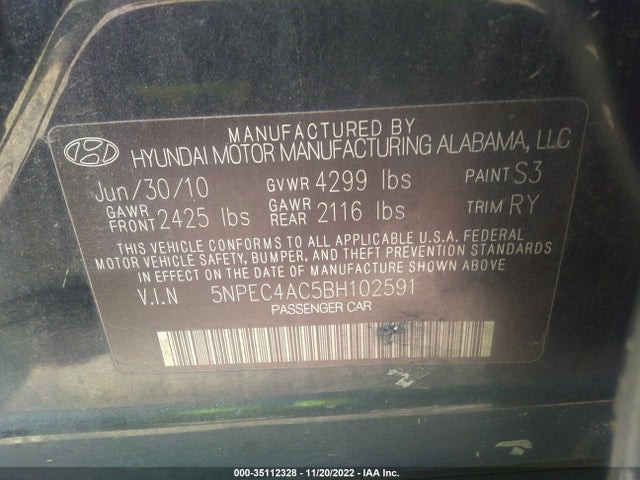 2011 HYUNDAI SONATA SE VIN: 5NPEC4AC5BH102591