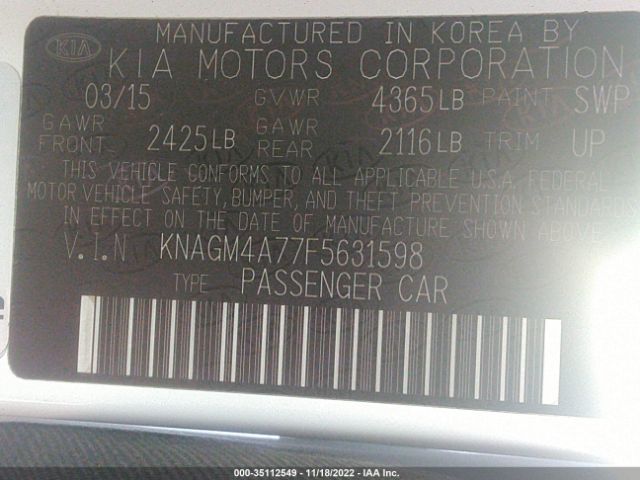 KNAGM4A77F5631598 KIA Optima Lx