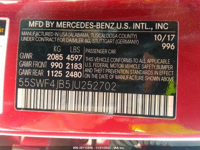 2018 Mercedes-Benz C-Class, VIN: 55SWF4JB5JU252702