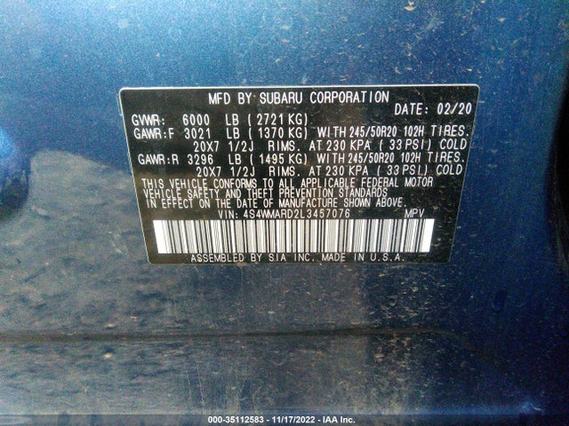 2020 Subaru Ascent, VIN: 4S4WMARD2L3457076
