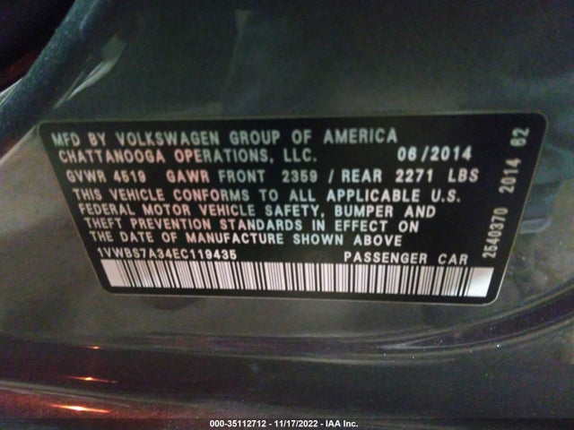 1VWBS7A34EC119435 Volkswagen Passat Se W/sunroof