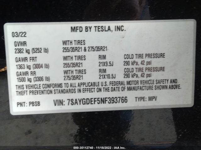 Tesla Model Y 2022 7SAYGDEF5NF393766 Image 11