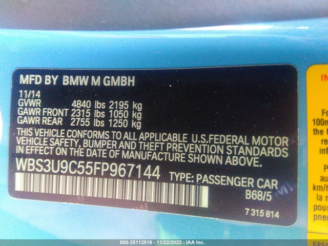 2015 BMW M4, VIN: WBS3U9C55FP967144