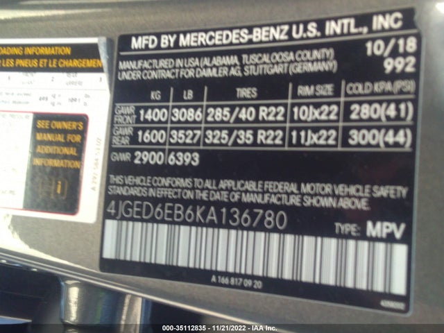 2019 Mercedes-Benz GLE-Class, VIN: 4JGED6EB6KA136780