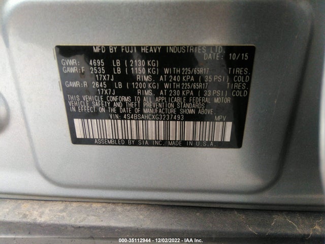 2016 Subaru Outback, VIN: 4S4BSAHCXG3237493