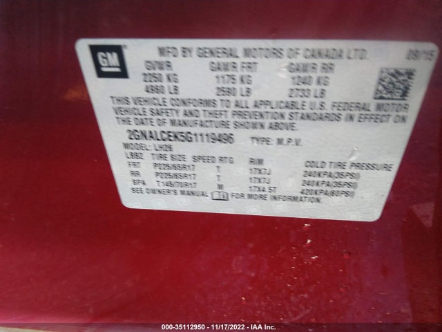 Chevrolet EQUINOX LT 2016 2GNALCEK5G1119496 Image 11