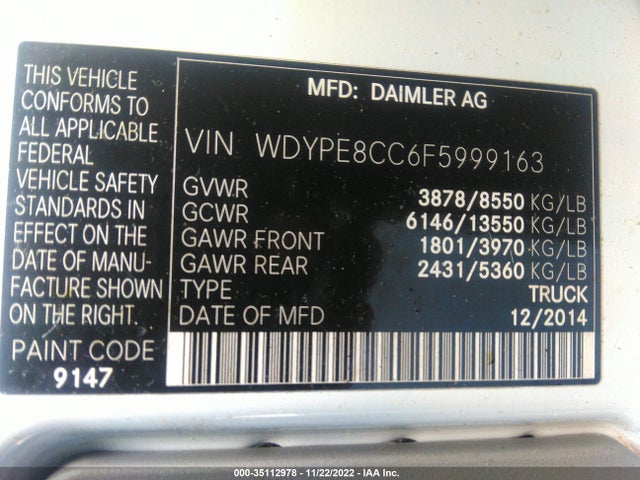 2015 Mercedes-Benz Sprinter, VIN: WDYPE8CC6F5999163