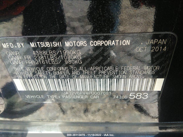2015 Mitsubishi Lancer, VIN: JA32V6FV4FU007081