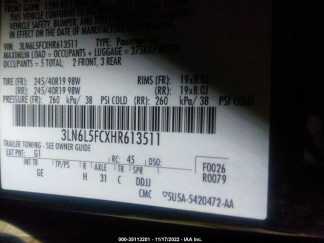 3LN6L5FCXHR613511 Lincoln Mkz Reserve