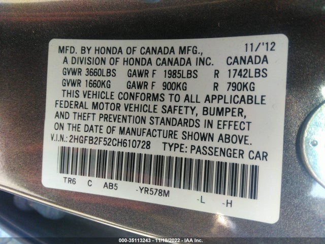 2012 HONDA CIVIC SDN LX VIN: 2HGFB2F52CH610728
