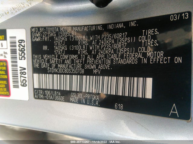 2013 TOYOTA SIENNA XLE AAS/XLE/LTD VIN: 5TDYK3DC8DS350708