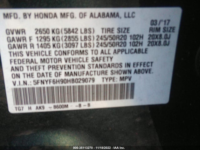 2017 Honda Pilot, VIN: 5FNYF6H90HB029079