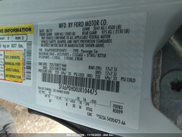 2018 Ford Fusion, VIN: 3FA6P0HD0JR104475