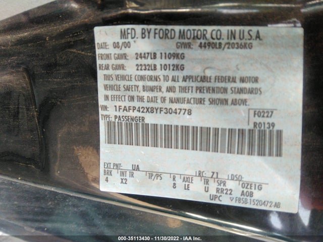 2000 FORD MUSTANG GT VIN: 1FAFP42X8YF304778