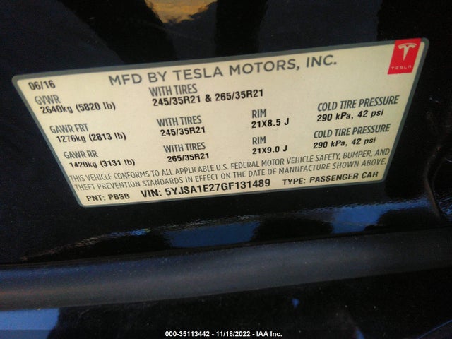 Tesla Model S 90d/70d/75d/60d/85d 2016 5YJSA1E27GF131489 Image 10