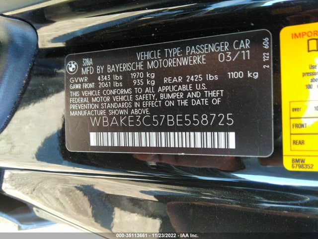 2011 BMW 3 SERIES 328I VIN: WBAKE3C57BE558725