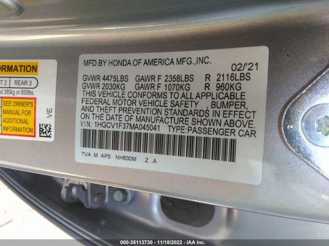 2021 HONDA ACCORD SEDAN SPORT VIN: 1HGCV1F37MA045041