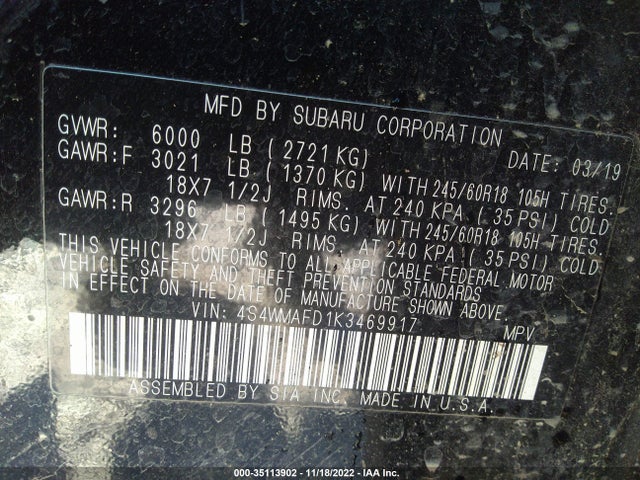 Subaru Ascent Premium 2019 4S4WMAFD1K3469917 Image 10