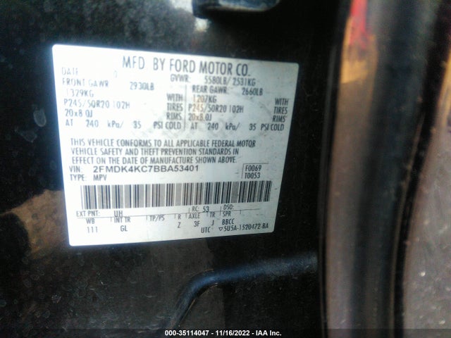 2011 FORD EDGE LIMITED VIN: 2FMDK4KC7BBA53401