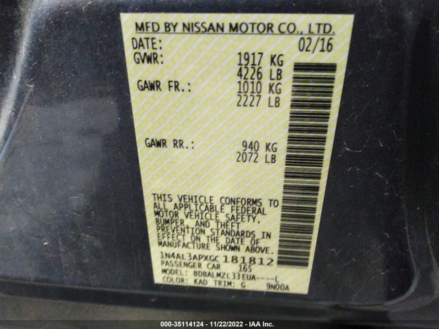2016 NISSAN ALTIMA 2.5 SV VIN: 1N4AL3APXGC181812