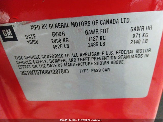 2009 CHEVROLET IMPALA 3.5L LT VIN: 2G1WT57K991207843