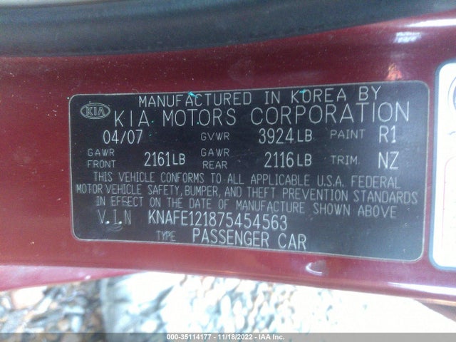 2007 KIA SPECTRA EX VIN: KNAFE121875454563