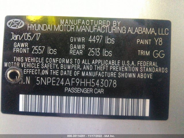 Hyundai Sonata 2.4l 2017 5NPE24AF9HH543078 Image 10