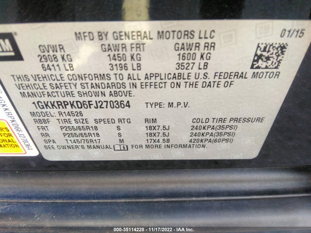 2015 GMC Acadia, VIN: 1GKKRPKD6FJ270364
