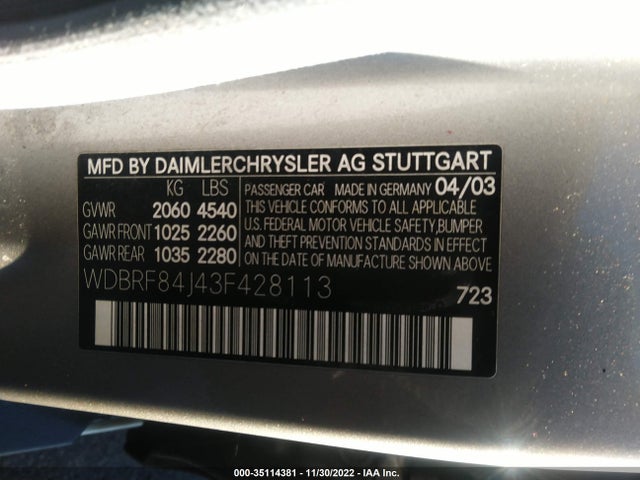 2003 MERCEDES-BENZ C-CLASS 3.2L VIN: WDBRF84J43F428113