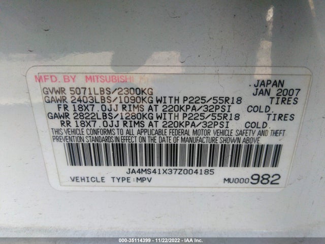 JA4MS41X37Z004185 Mitsubishi Outlander Xls