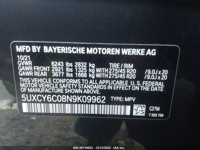 2022 BMW X6, VIN: 5UXCY6C08N9K09962