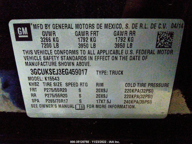 2014 CHEVROLET SILVERADO 1500 LTZ VIN: 3GCUKSEJ3EG459017