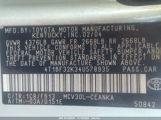 2004 TOYOTA CAMRY LE/XLE VIN: 4T1BF32K34U578935