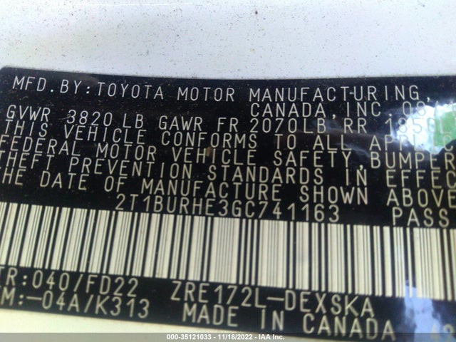 2016 TOYOTA COROLLA L/LE/S/S PLUS/LE PLUS VIN: 2T1BURHE3GC741163