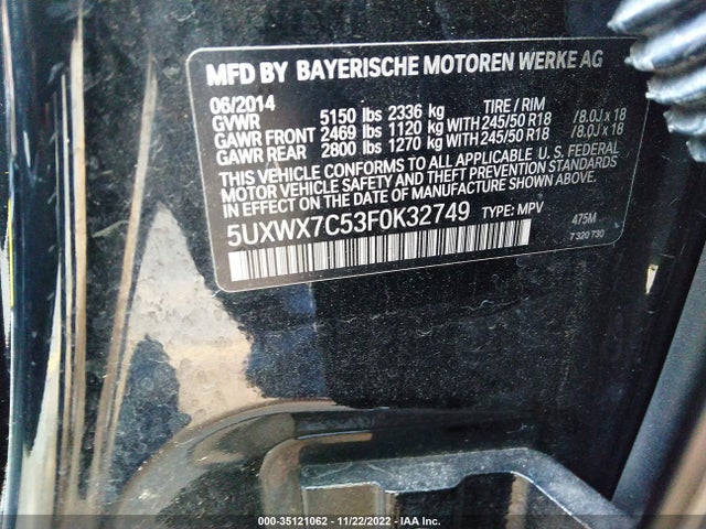 2015 BMW X3, VIN: 5UXWX7C53F0K32749