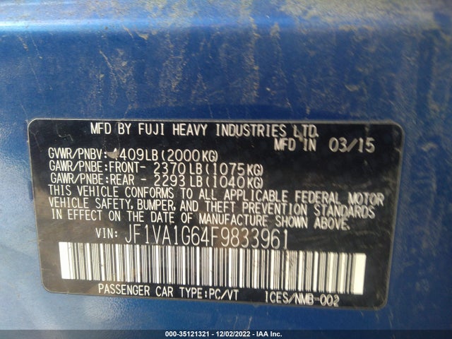 Subaru WRX 2015 JF1VA1G64F9833961 Image 11