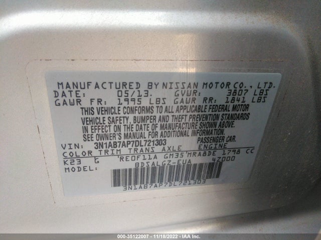 2013 NISSAN SENTRA SL VIN: 3N1AB7AP7DL721303