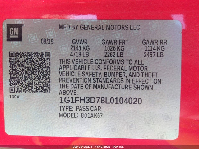 2020 Chevrolet Camaro, VIN: 1G1FH3D78L0104020