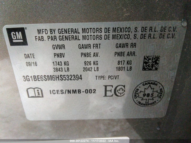 Chevrolet CRUZE LT 2017 3G1BE6SM6HS532394 Image 10