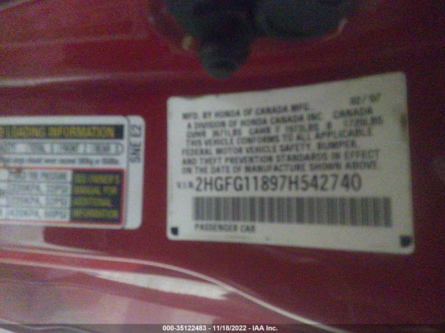 2007 HONDA CIVIC CPE EX VIN: 2HGFG11897H542740